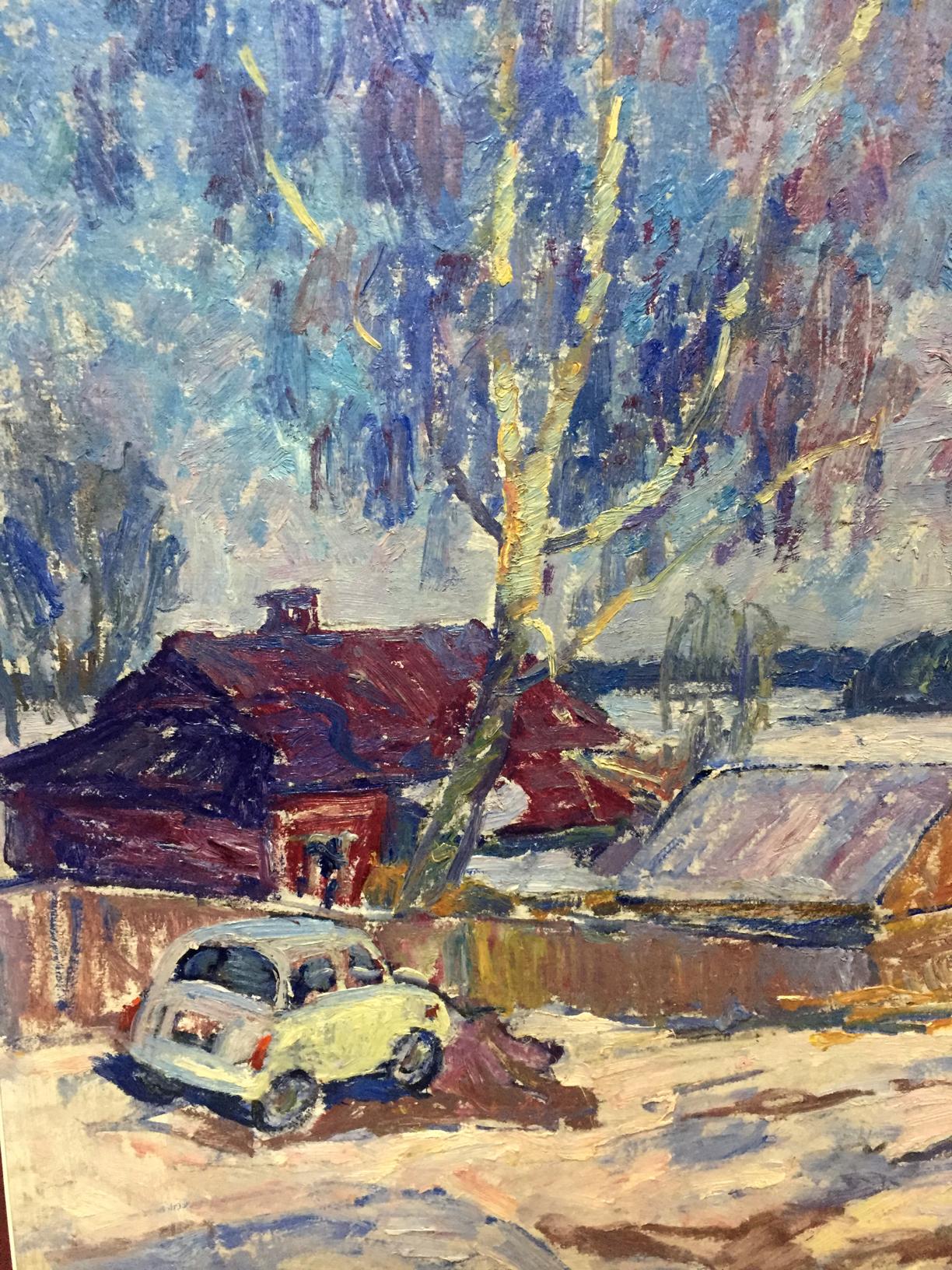 Oil painting by Petrashevsky Stanislav Vasilievich: pale yellow vintage Fiat 500 in snowy rural scene