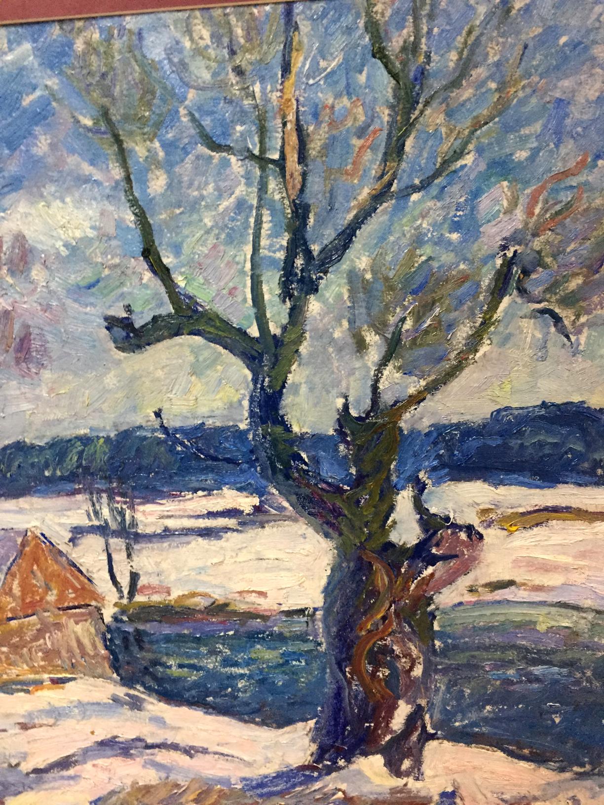 Oil painting Blue day by Petrashevsky Stanislav Vasilievich: snowy landscape with gnarled tree