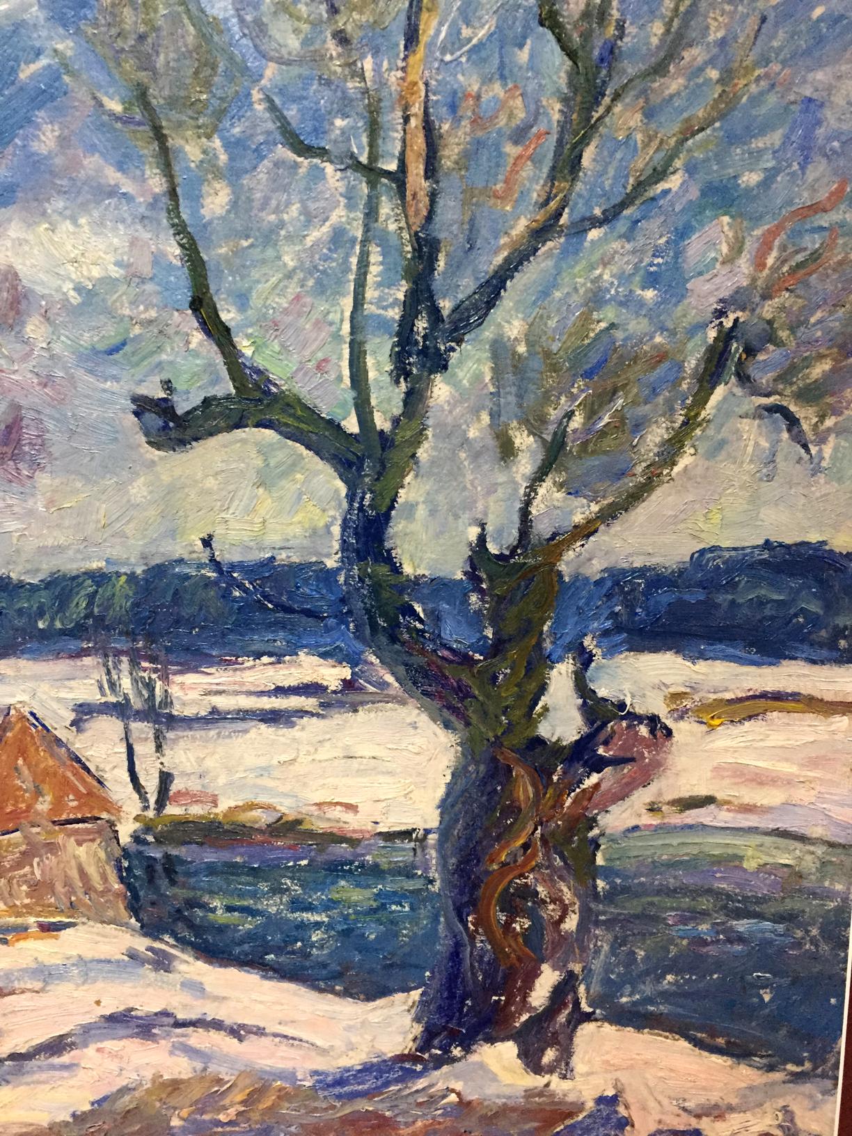 Oil painting Blue day by Petrashevsky Stanislav Vasilievich: snowy landscape with gnarled tree