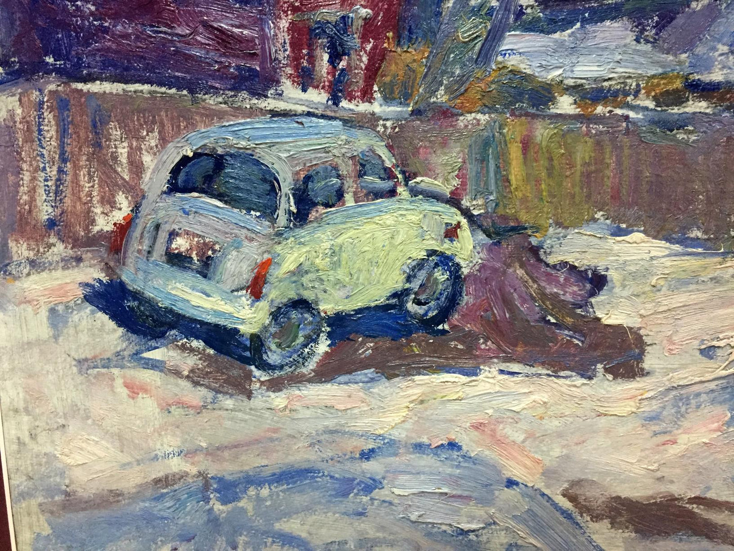 Oil painting by Petrashevsky Stanislav Vasilievich: pale green vintage car rear with red taillights