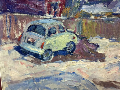 Oil painting by Petrashevsky Stanislav Vasilievich: pale green vintage car rear with red taillights