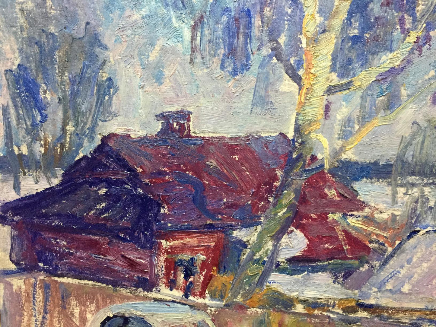 Oil painting Blue day by Petrashevsky Stanislav Vasilievich: red-roofed house