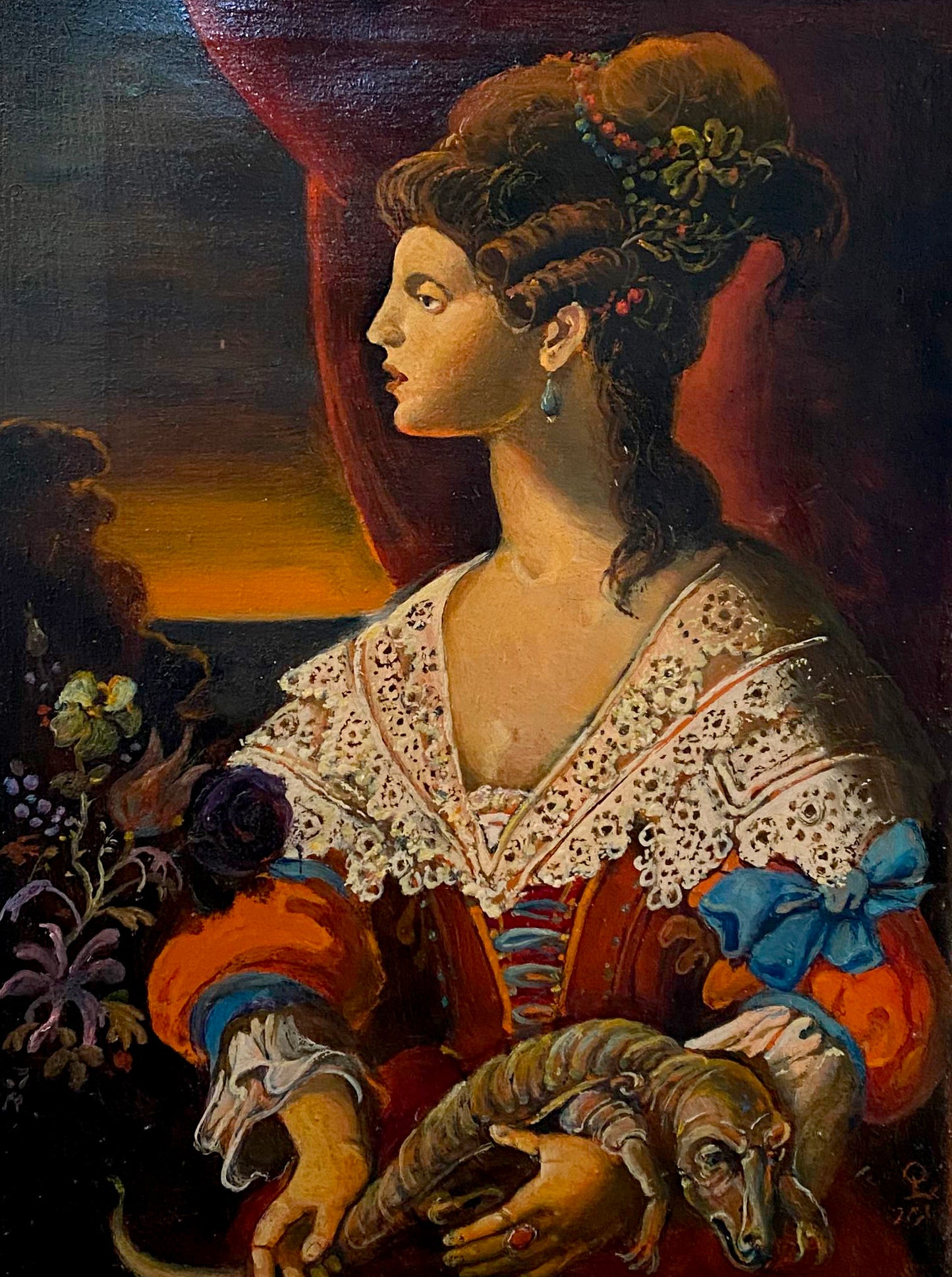 Oil painting portrait of noble girl by Oleg Litvinov, woman in profile