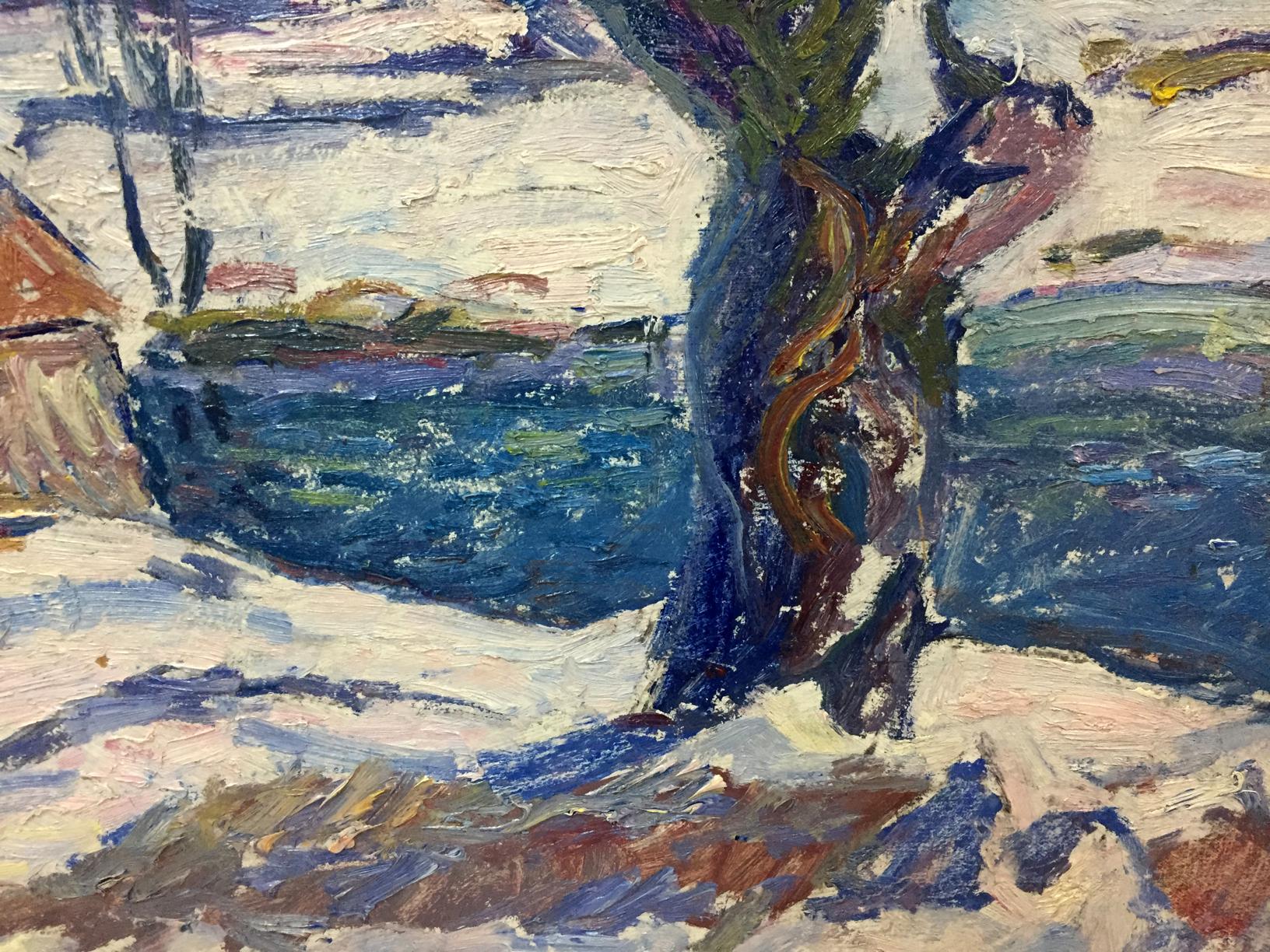 Oil painting Blue day by Petrashevsky Stanislav Vasilievich: snowy tree by frozen lake