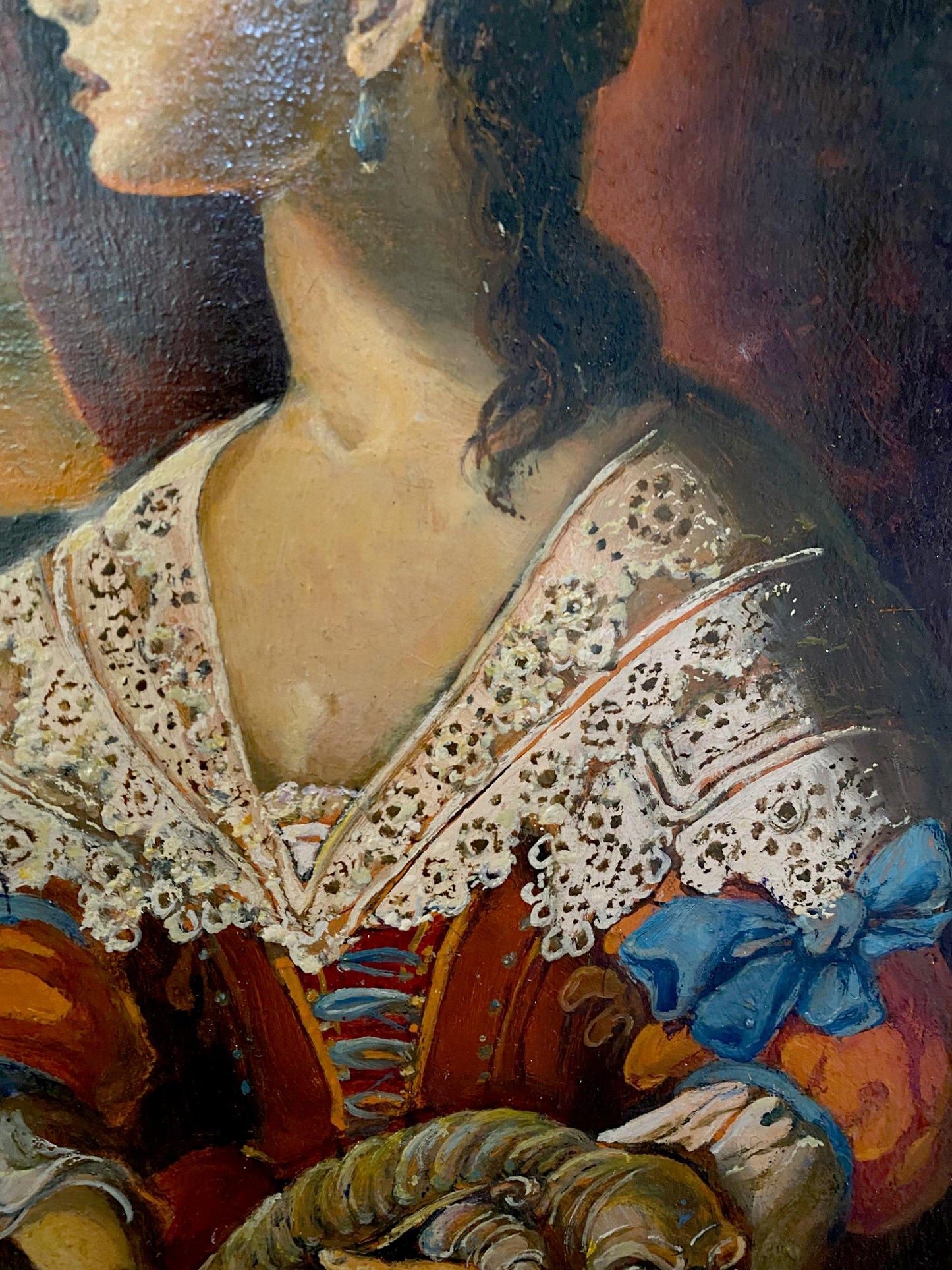 Oil painting portrait of noble girl in ornate red gold bodice by Oleg Litvinov