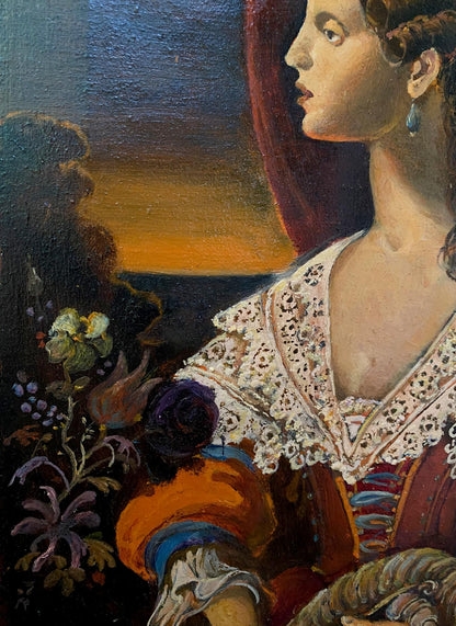 Oil painting portrait of noble girl in ornate red gold gown by Oleg Litvinov