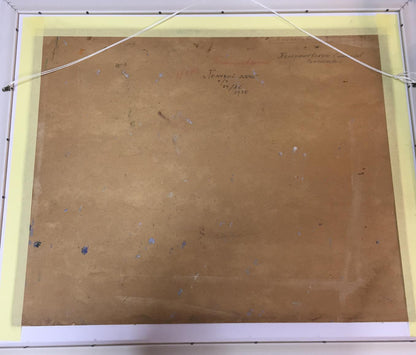 Back of framed oil painting Blue day by Petrashevsky Stanislav Vasilievich with inscription and tape
