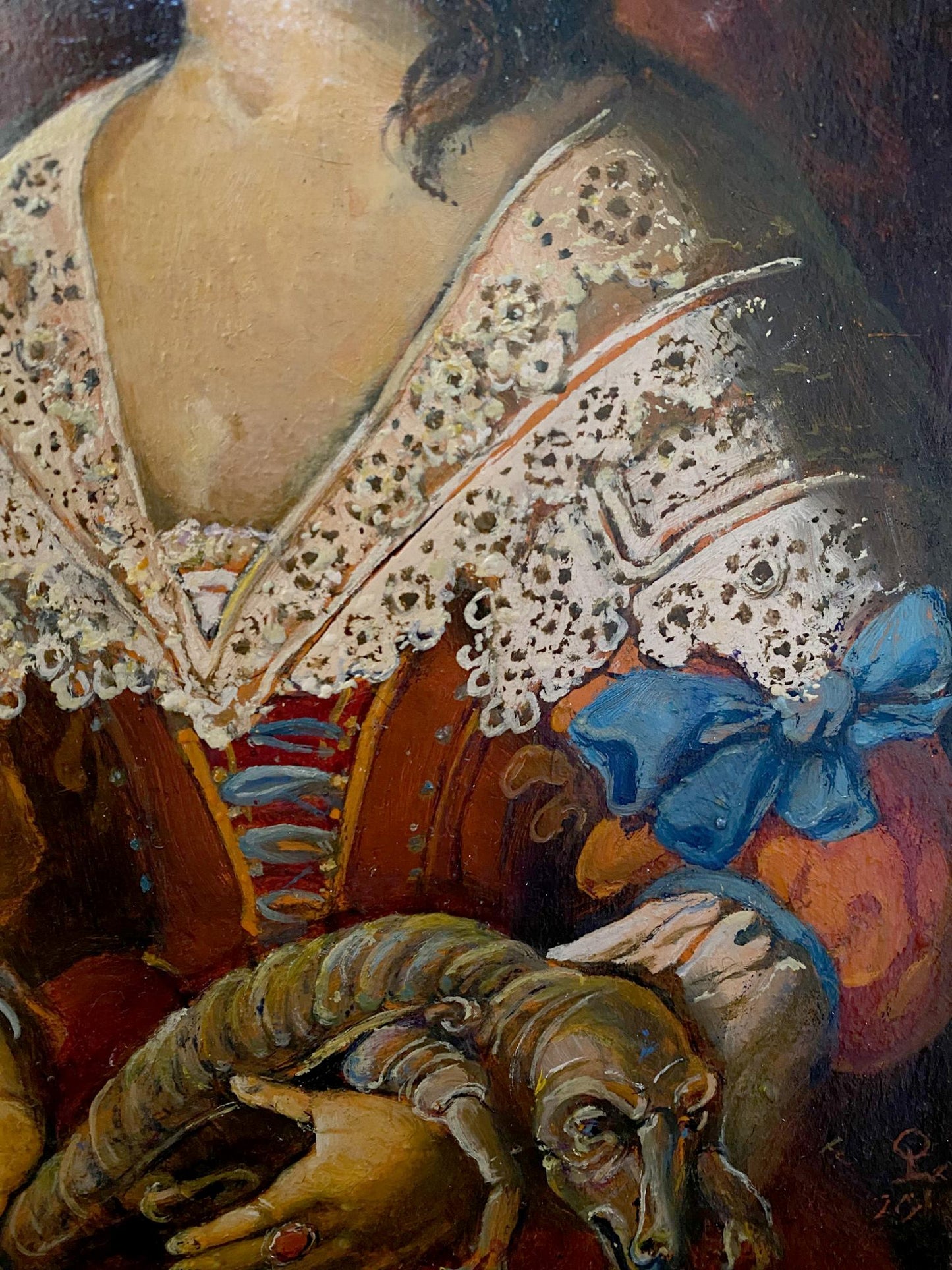 Oil painting portrait of noble girl in ornate red gold gown by Oleg Litvinov