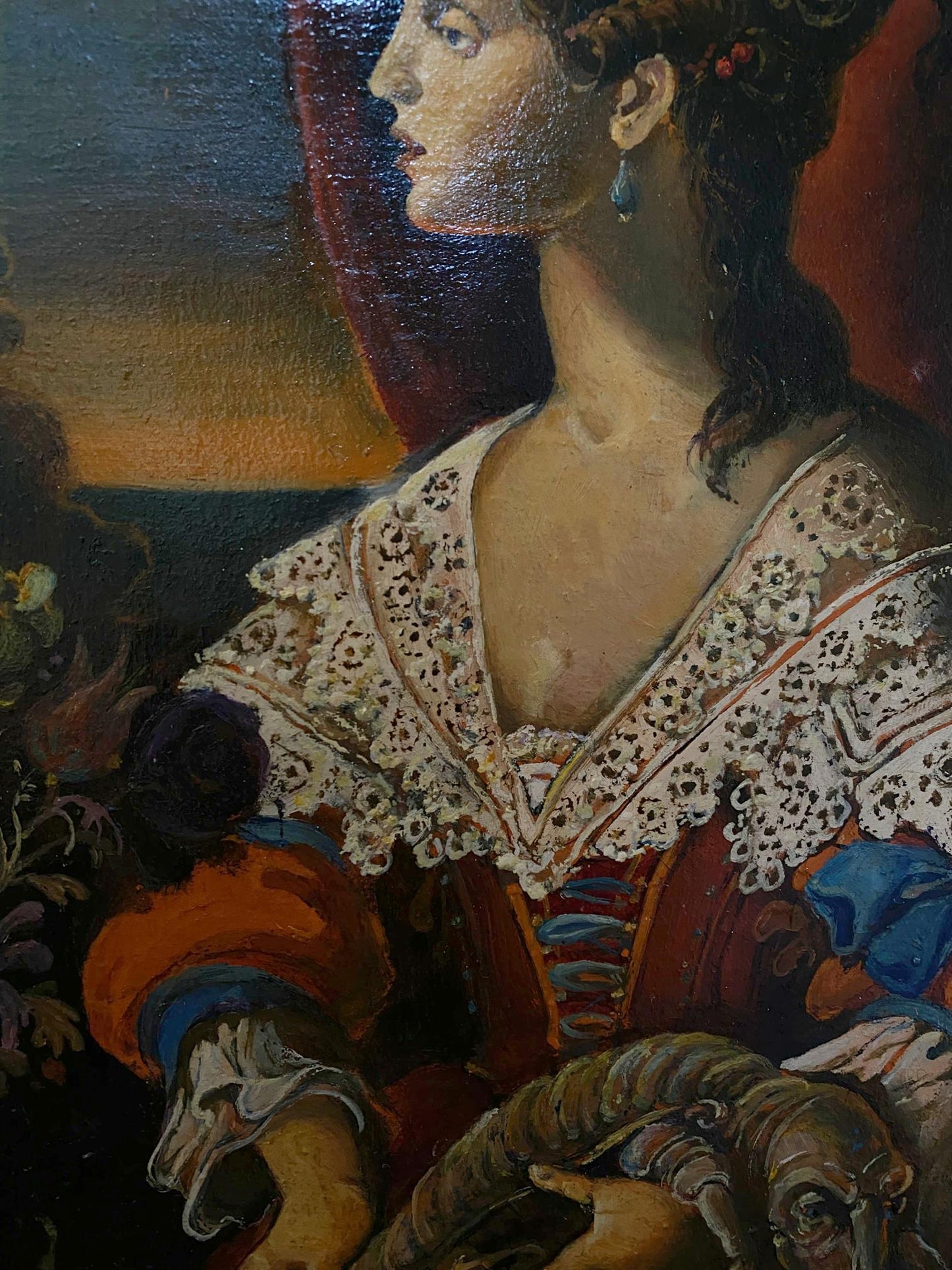 Oil painting portrait of noble girl in ornate red blue gown by Oleg Litvinov