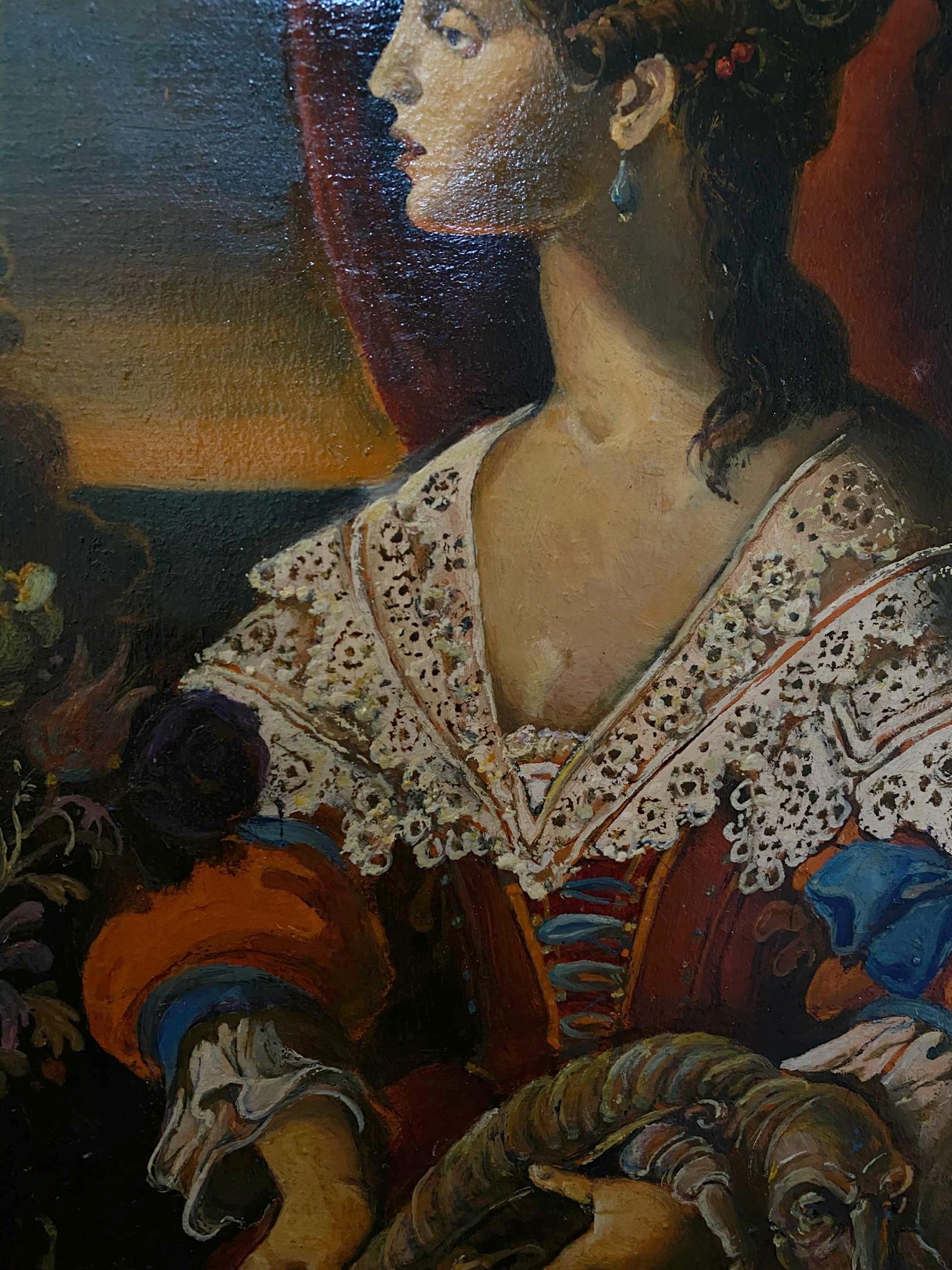 Oil painting portrait of noble girl in ornate red blue gown by Oleg Litvinov