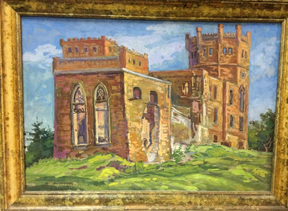 Framed oil painting of Lipki village castle ruins by Yuri Alexandrovich Karganolov