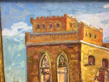 Oil painting of Lipki village etude by Yuri Alexandrovich Karganolov, historic stone tower