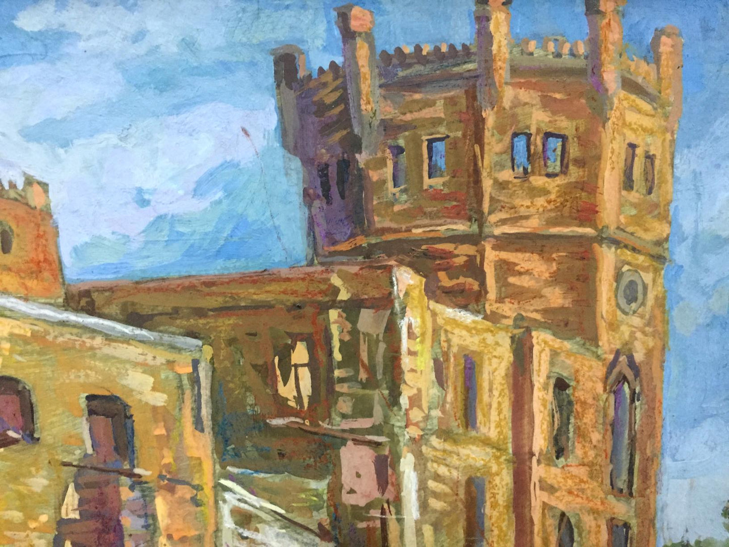 Vibrant impressionistic oil painting of Lipki village castle by Yuri Alexandrovich Karganolov