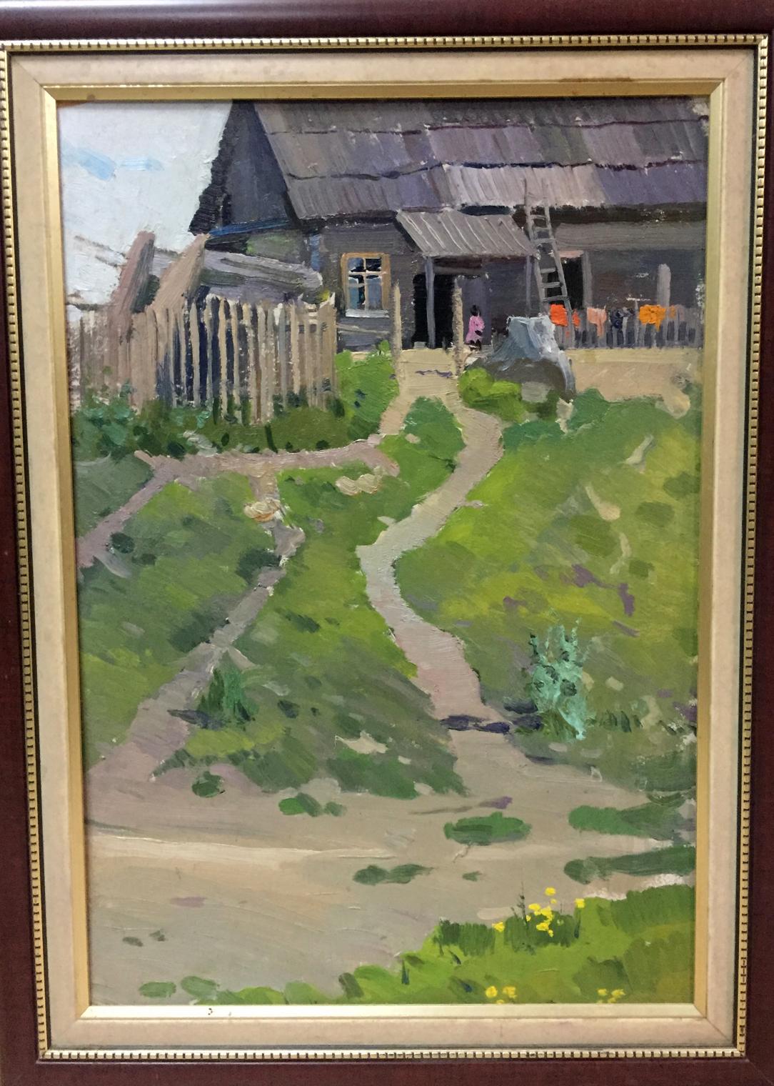 Double original oil painting of rustic wooden house with dark roof, yellow windows, green landscape