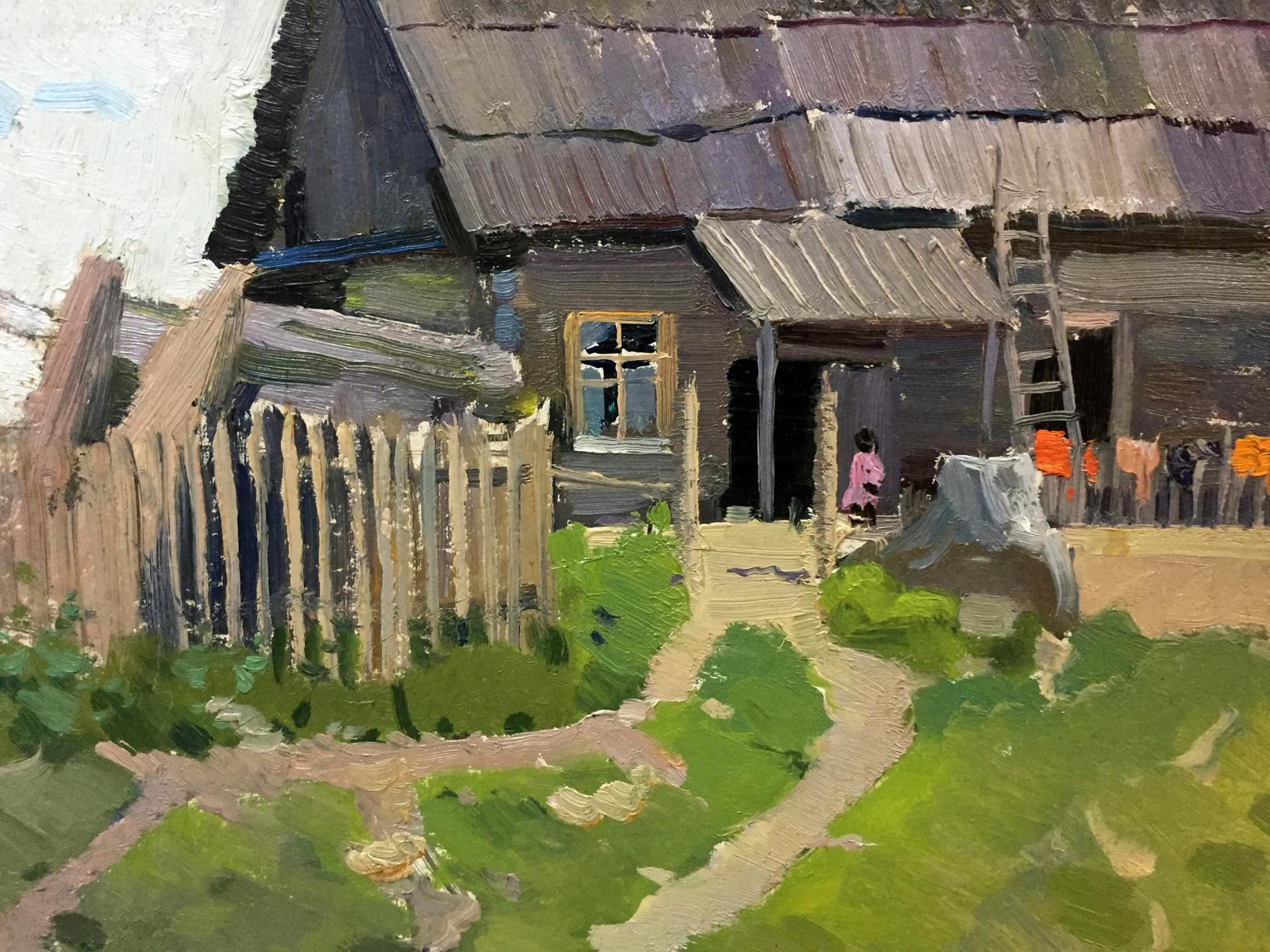 Rustic thatched roof wooden house double oil painting with yellow window