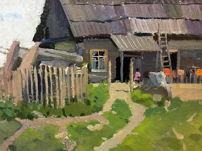 Rustic thatched roof wooden house double oil painting with yellow window