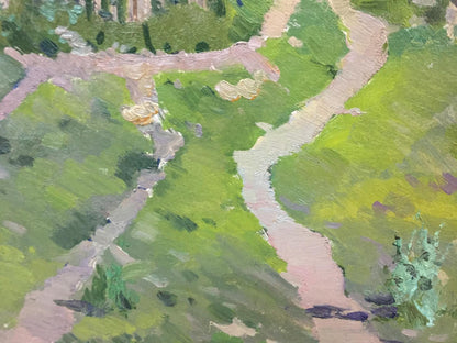 Double oil painting of houses: textured impressionist path through green fields