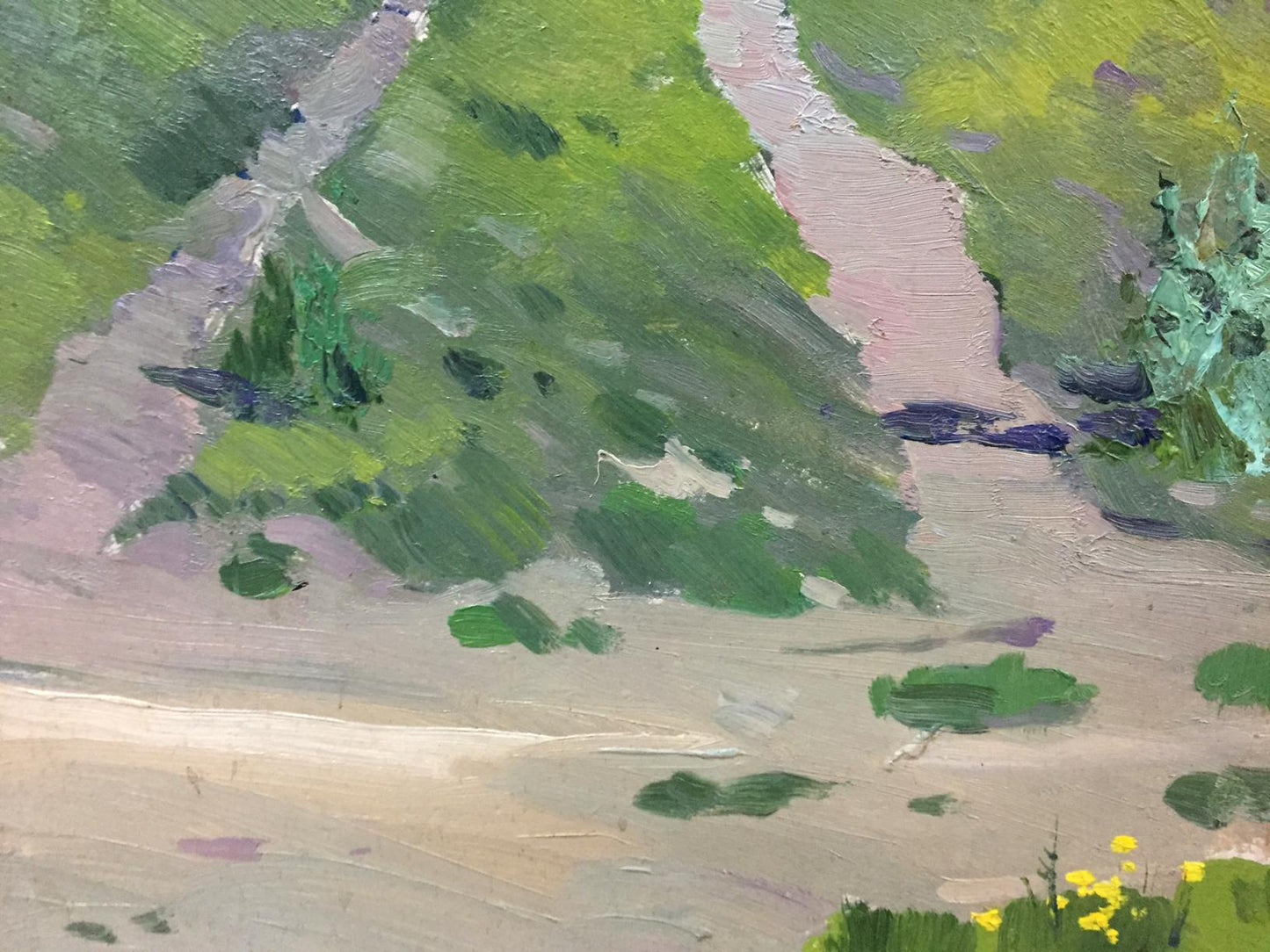 Double oil painting of houses: textured impressionist path through green hills