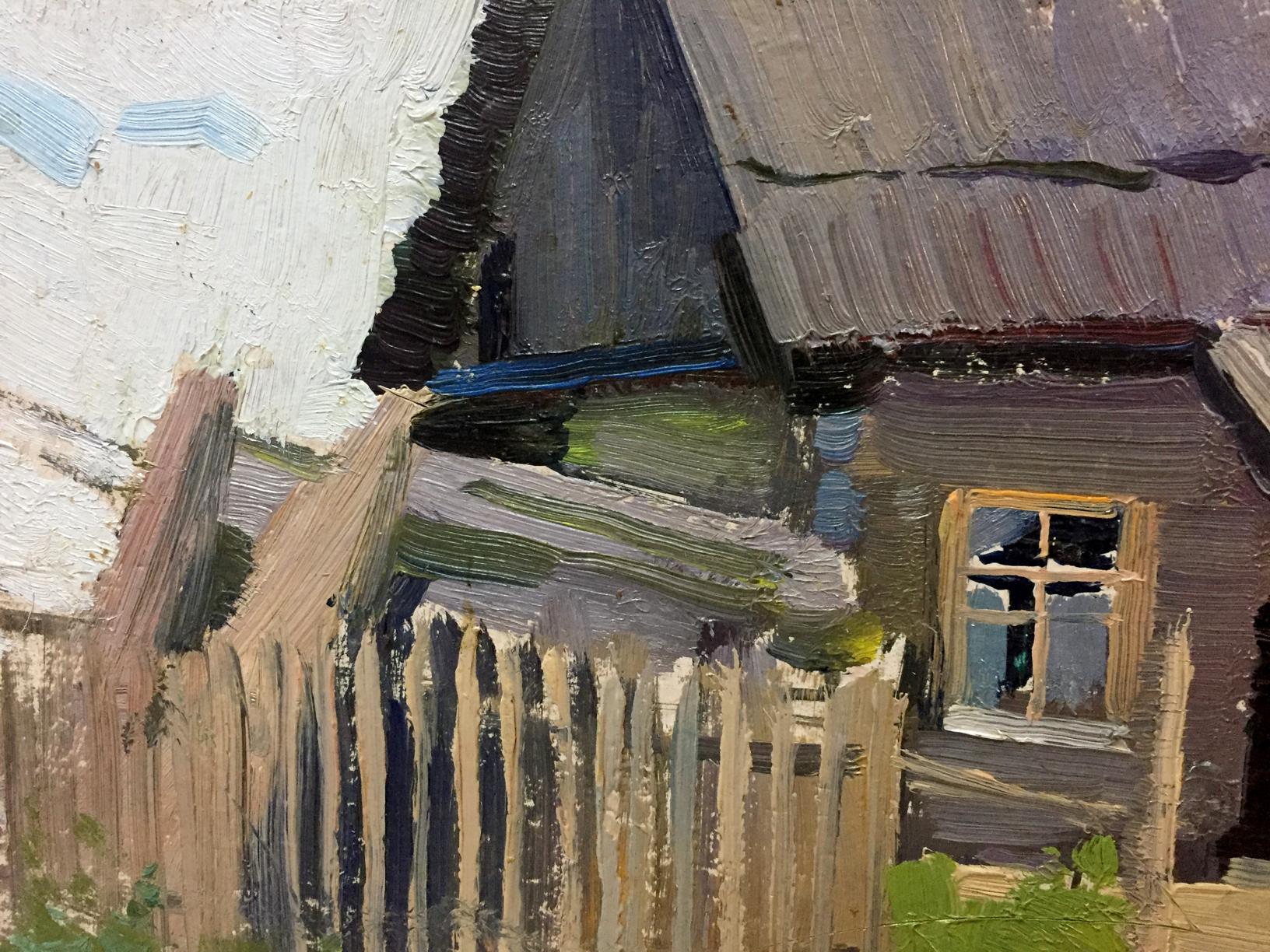 Double oil painting of rustic wooden house with gray roof and brown siding