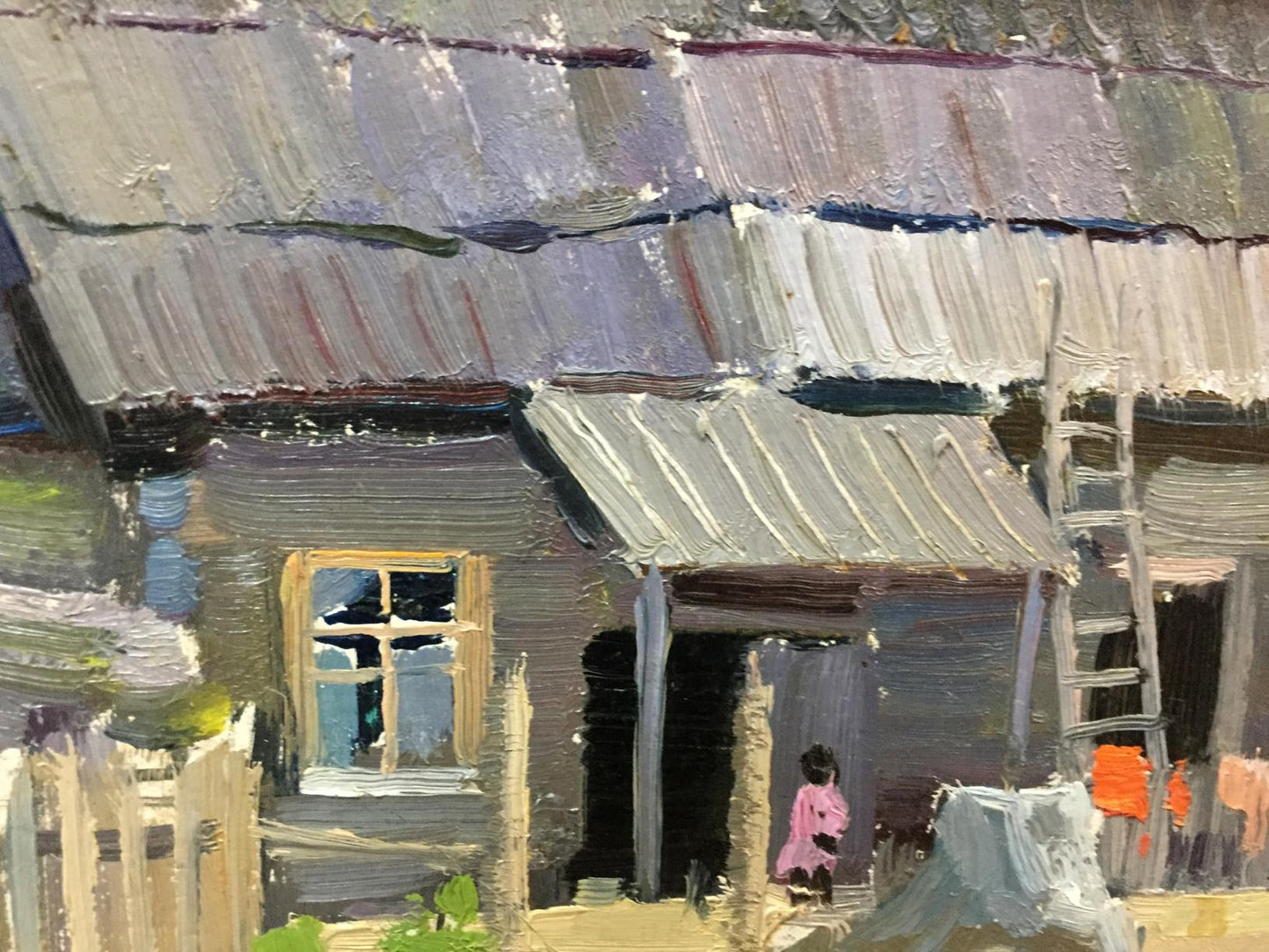 Double original oil painting of rustic gray-brown thatched house