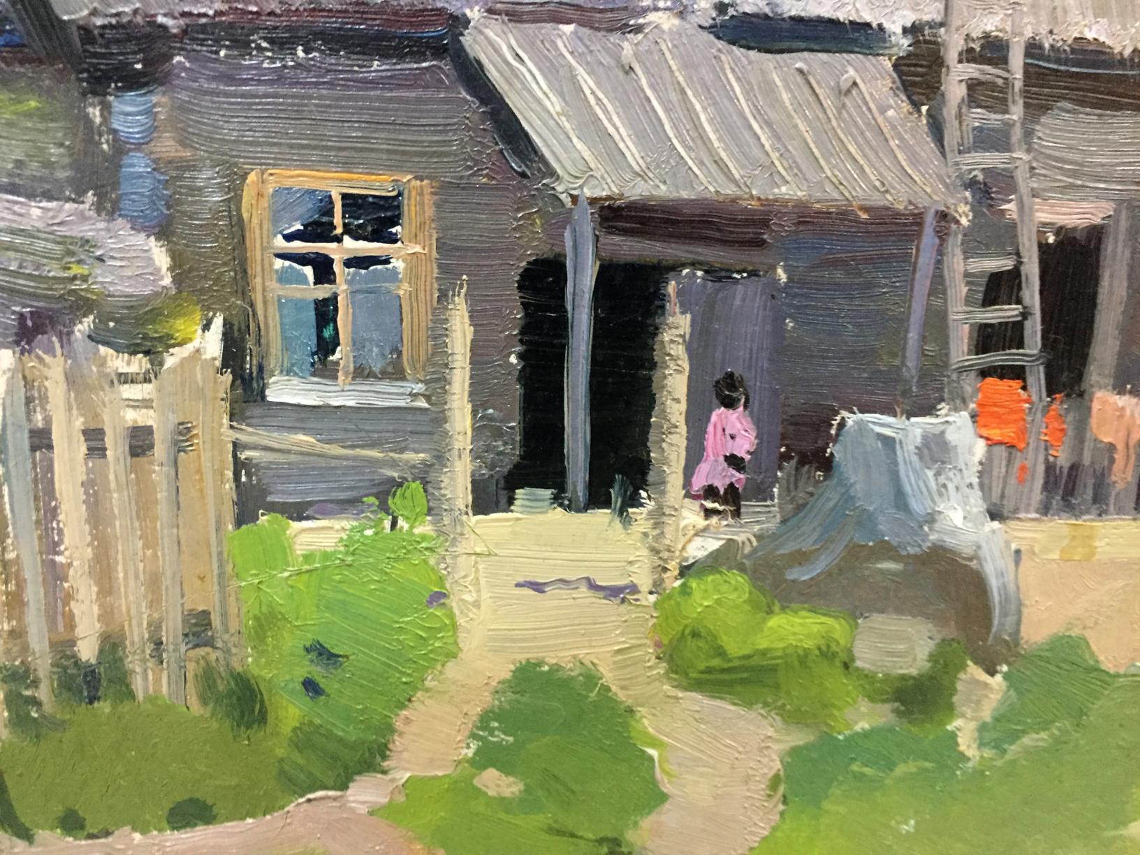 Double original oil painting of rustic wooden house with gray roof and yellow window
