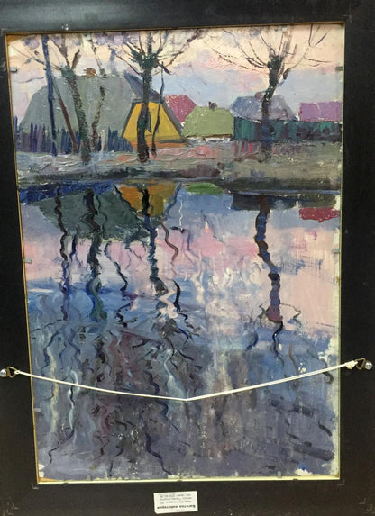 Double oil painting of impressionist village houses reflected in water