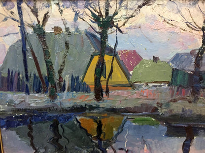 Vibrant yellow tent in double original oil painting of houses and trees