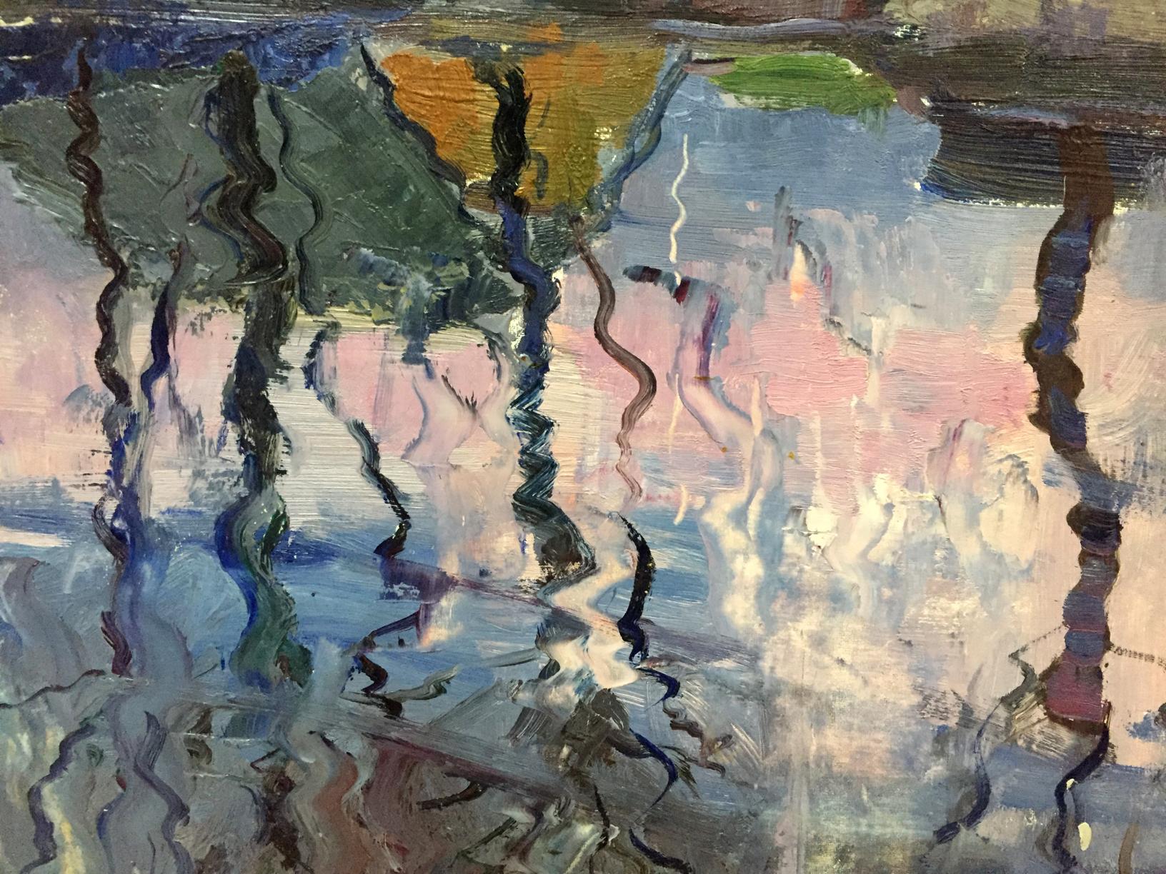 Double oil painting of houses with abstract swirling water reflections in blues and pinks