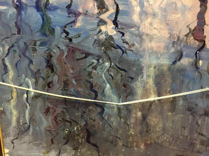 Double oil painting of houses with swirling blue, gray, earth tone reflections