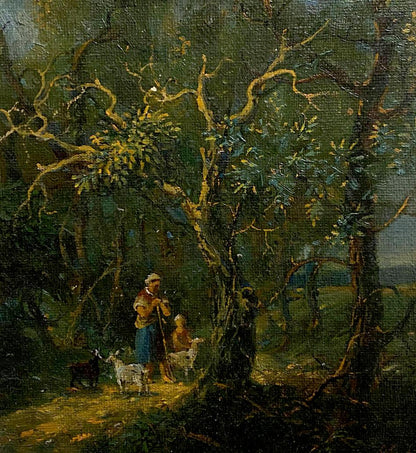 Rustic oil painting by Oleg Litvinov of shepherd, children, goats under trees