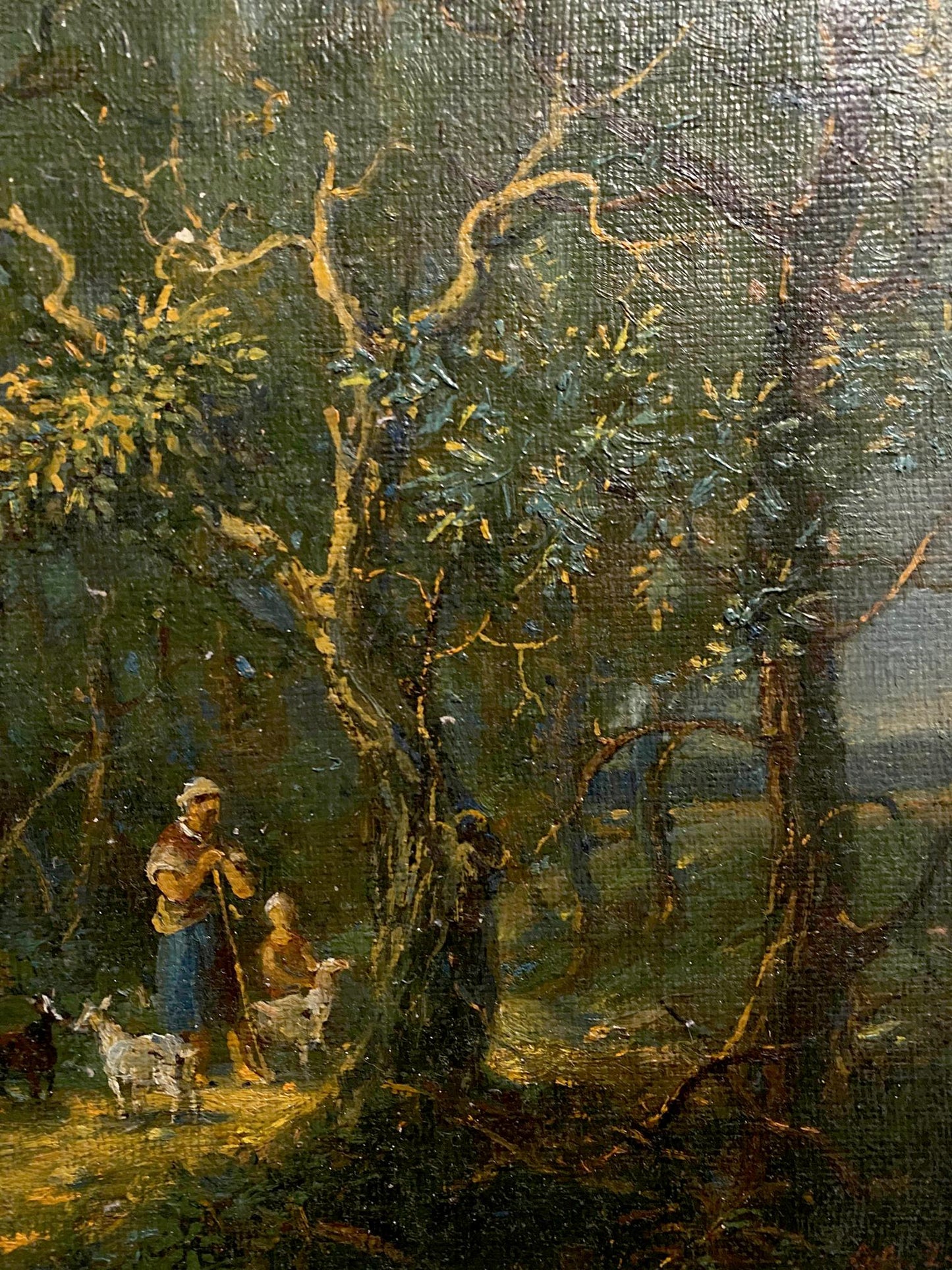 Oil painting by Oleg Litvinov: rustic woodland with figures and goats under gnarled trees