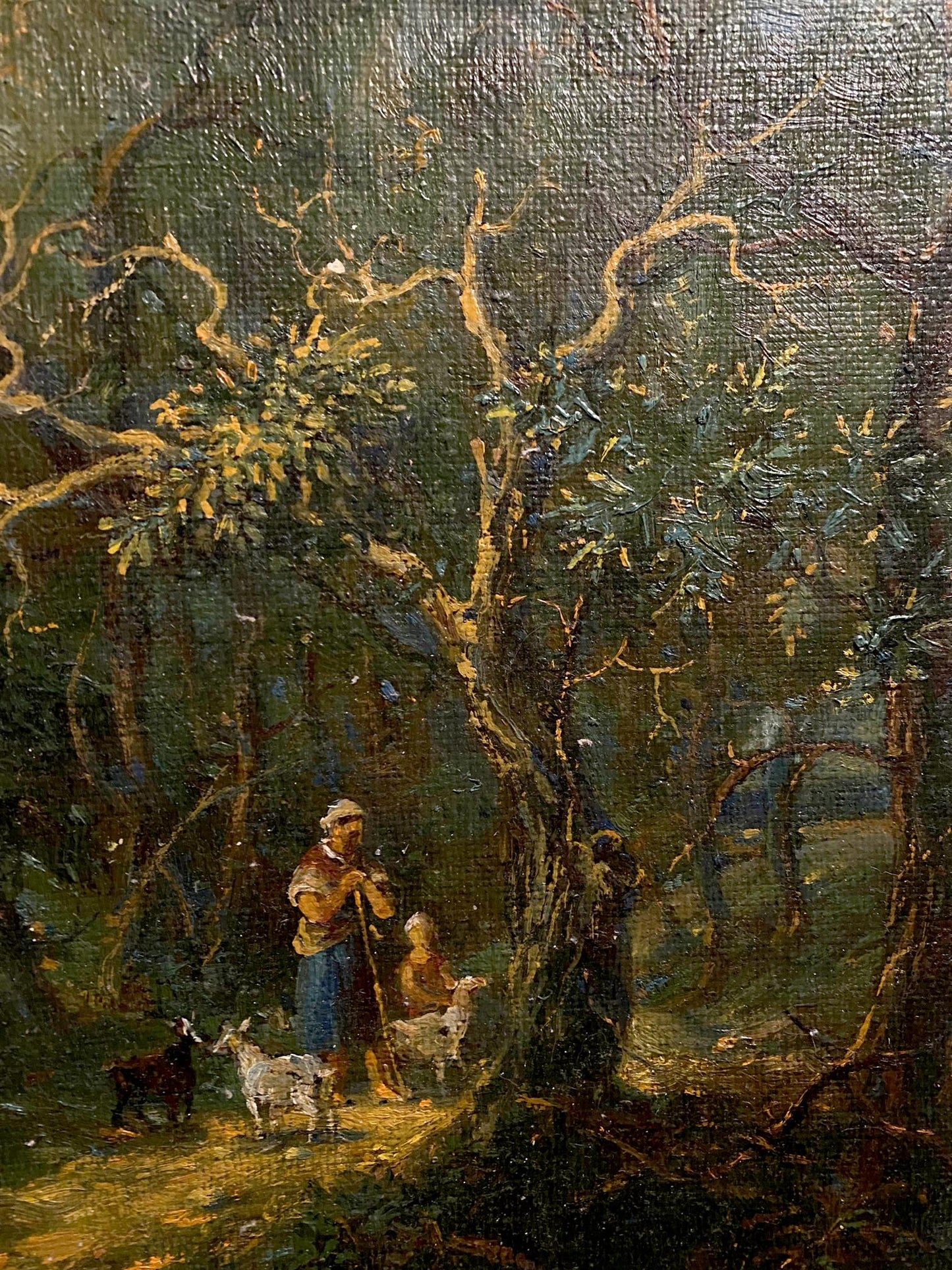 Oil painting by Oleg Litvinov: sunny forest walk with figures and goats