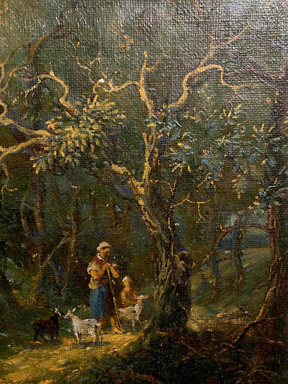 Oil painting by Oleg Litvinov: sunny forest walk with figures and goats