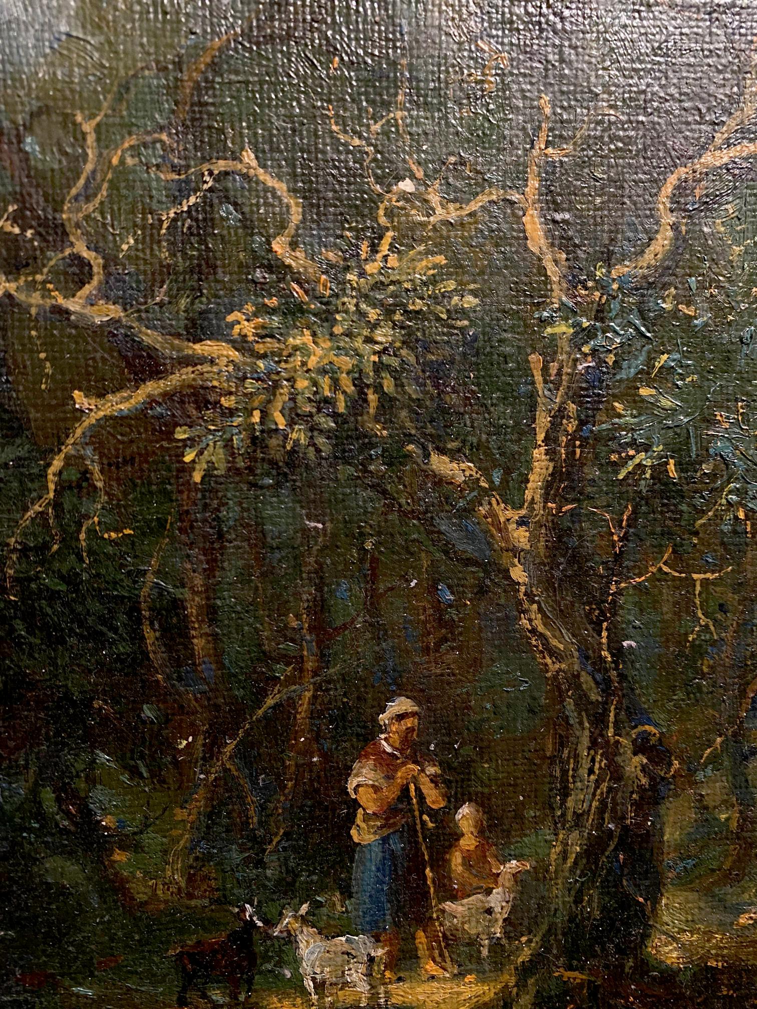 Rustic oil painting by Oleg Litvinov: shepherd flock under gnarled trees in sunny forest