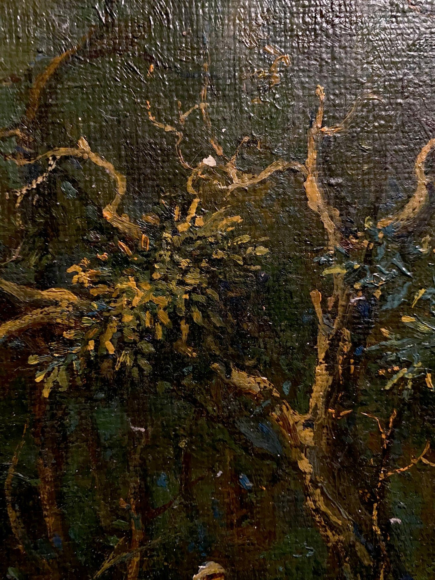 Oil painting of sunny forest walk with gnarled trees by Oleg Litvinov
