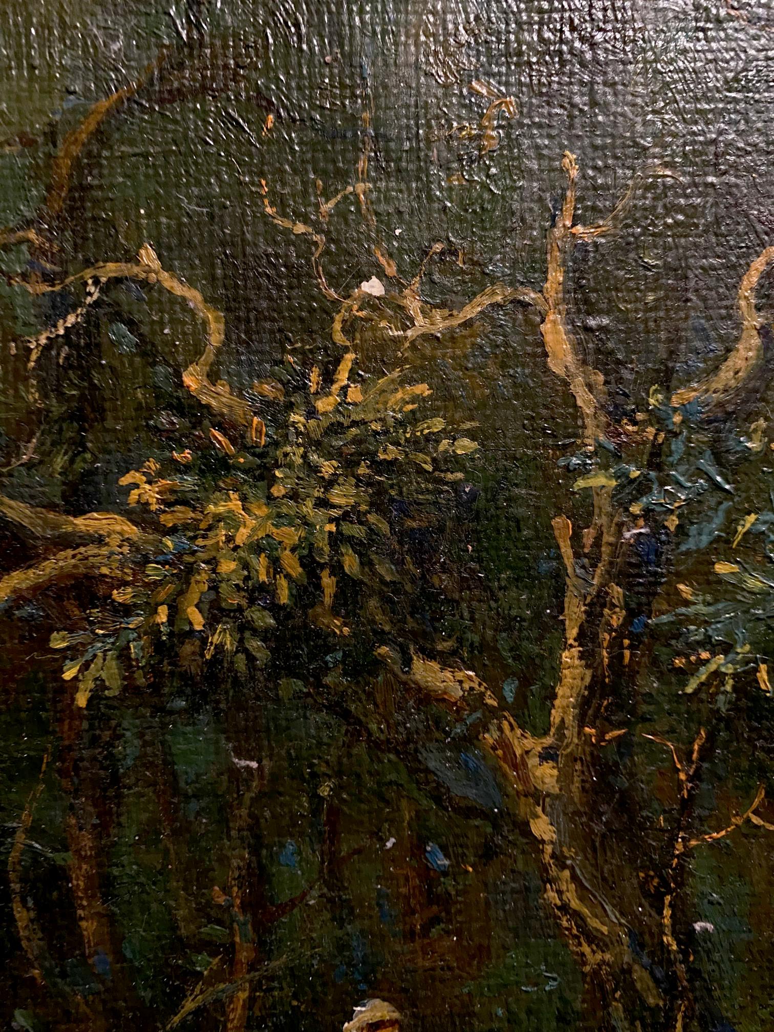 Oil painting of sunny forest walk with gnarled trees by Oleg Litvinov