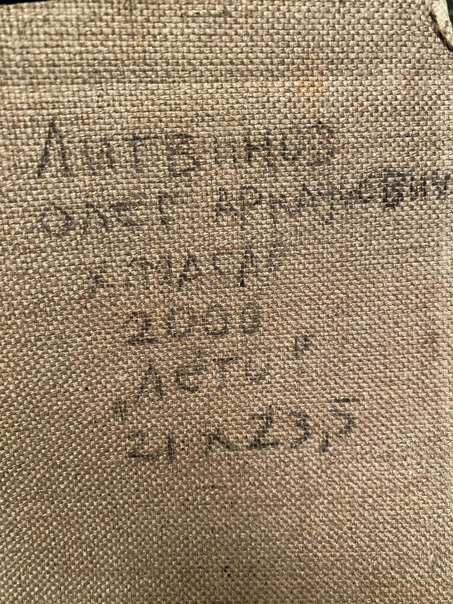 Back of Oleg Litvinov oil painting on beige woven fabric with faded Cyrillic text