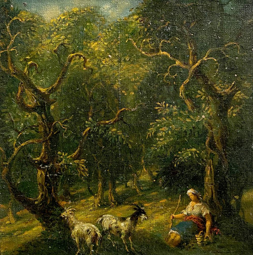Rustic oil painting Hot day in the forest by Oleg Litvinov with woman and goats