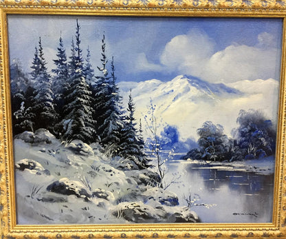 Original oil painting of snow-covered pines, serene lake, mountains in frame