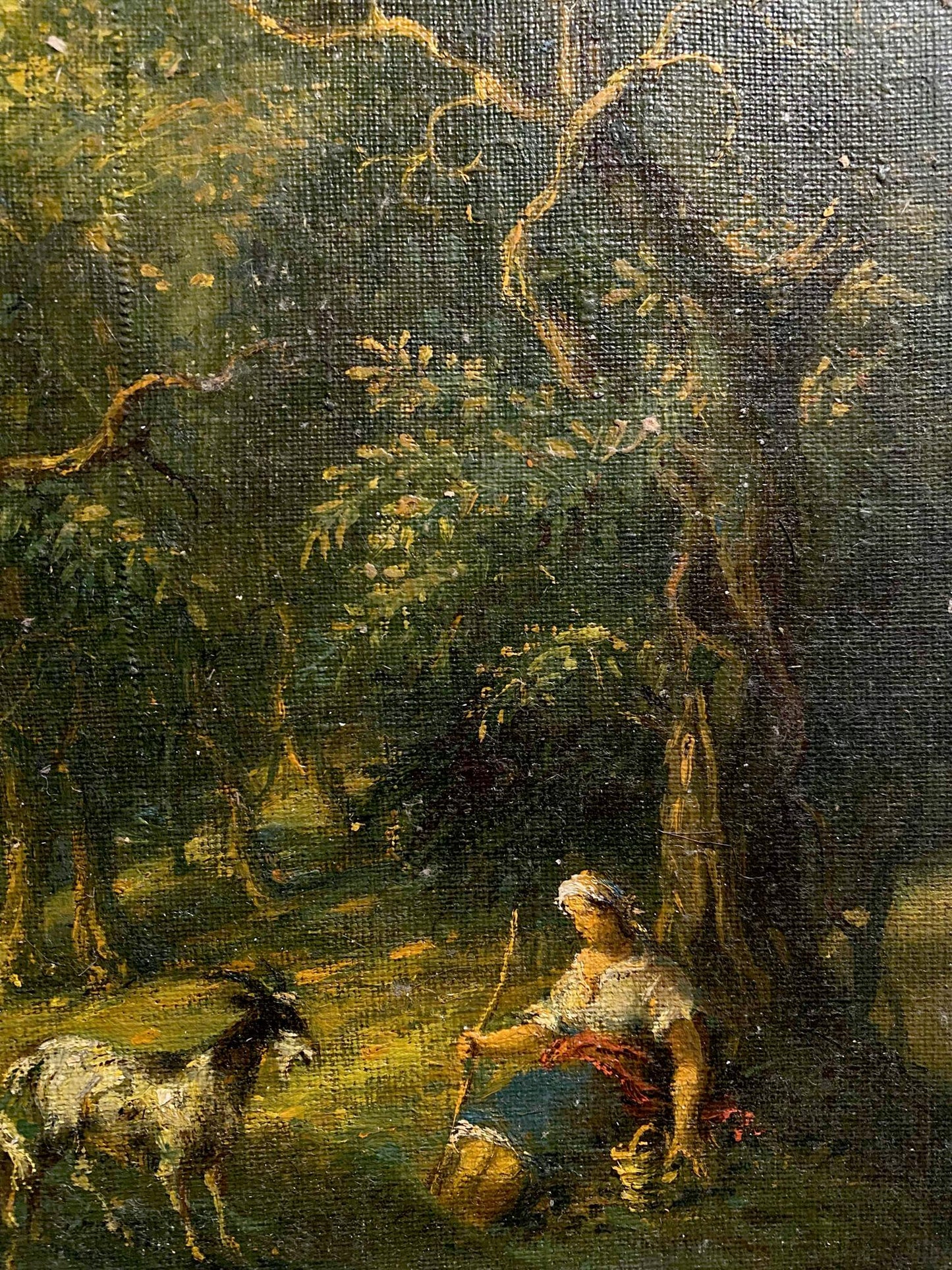 Oil painting Hot day in the forest by Oleg Litvinov: woman with spotted goat under trees