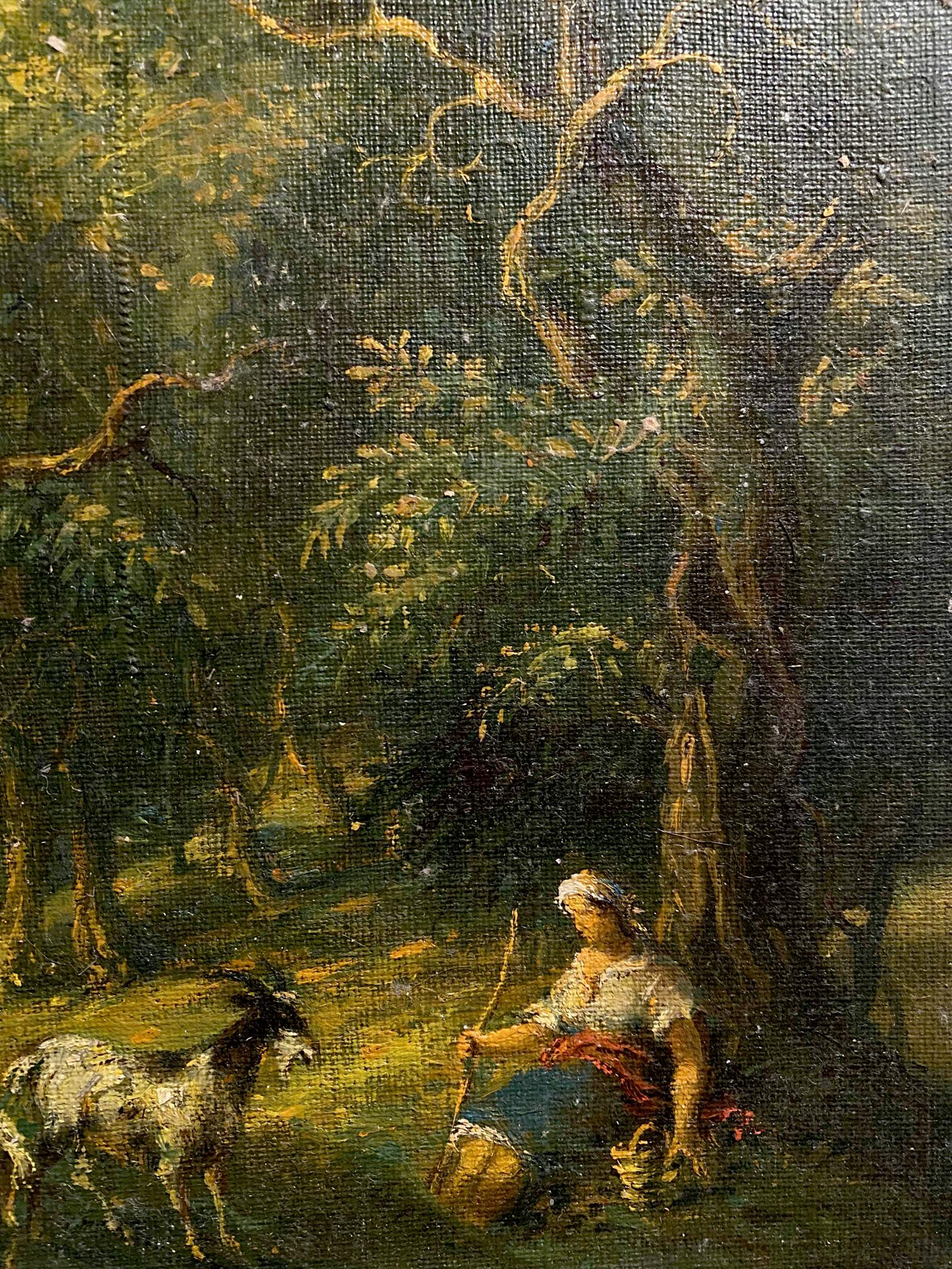 Oil painting Hot day in the forest by Oleg Litvinov: woman with spotted goat under trees