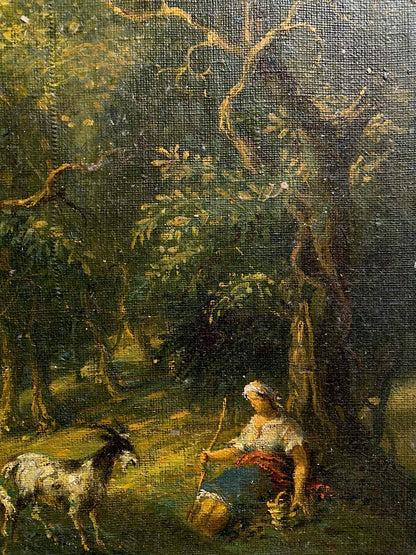 Oil painting Hot day in the forest by Oleg Litvinov: woman with spotted goat under trees