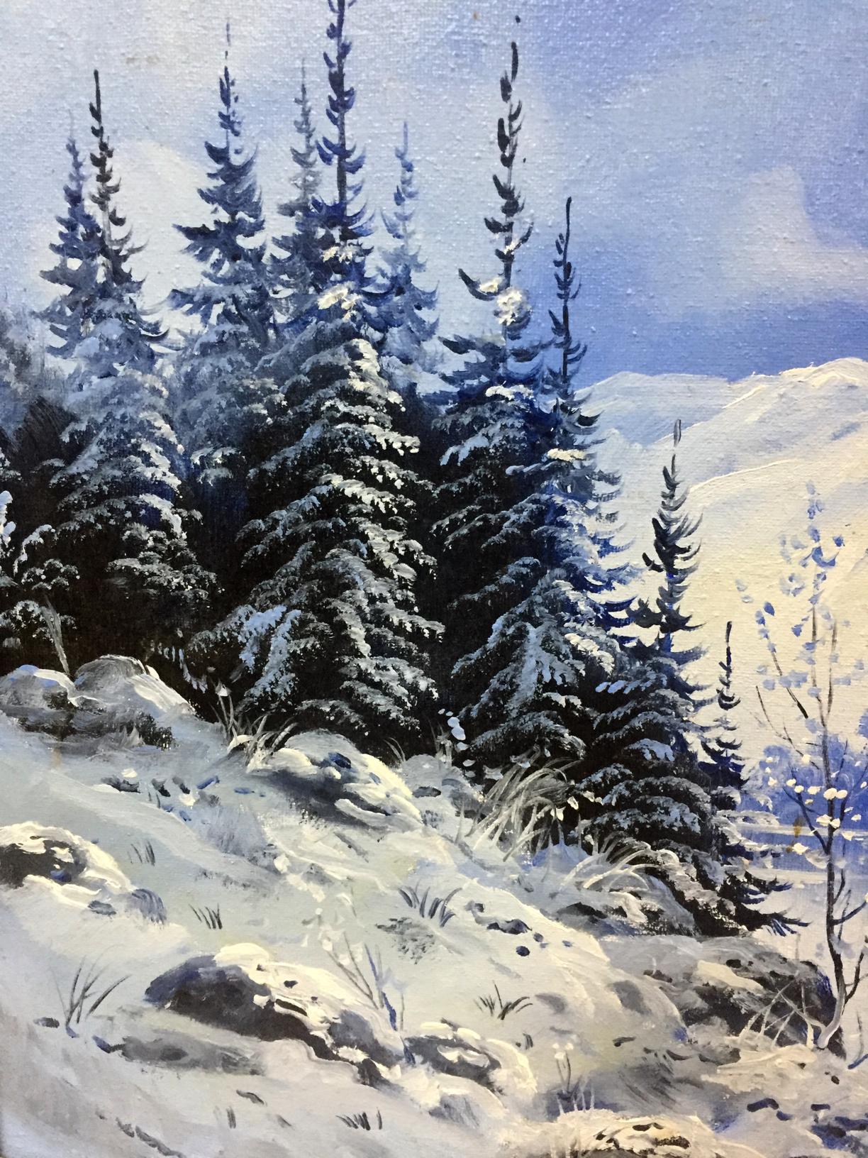 Original oil painting of snow-covered evergreen trees under soft blue winter sky
