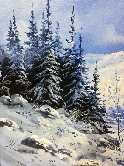 Original oil painting of snow-covered evergreen trees under soft blue winter sky