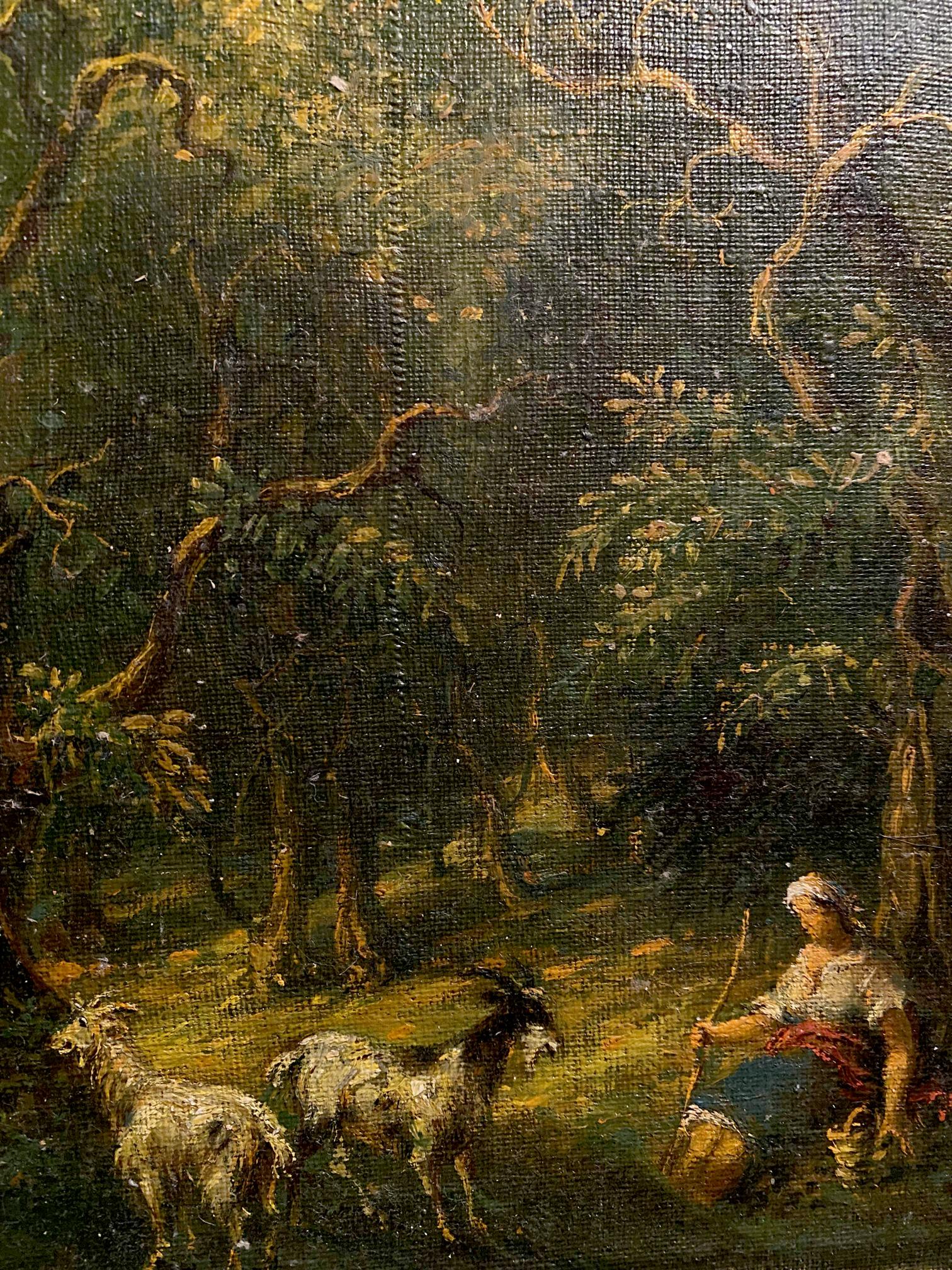 Rustic oil painting by Oleg Litvinov: woman in period attire with goats in shady forest