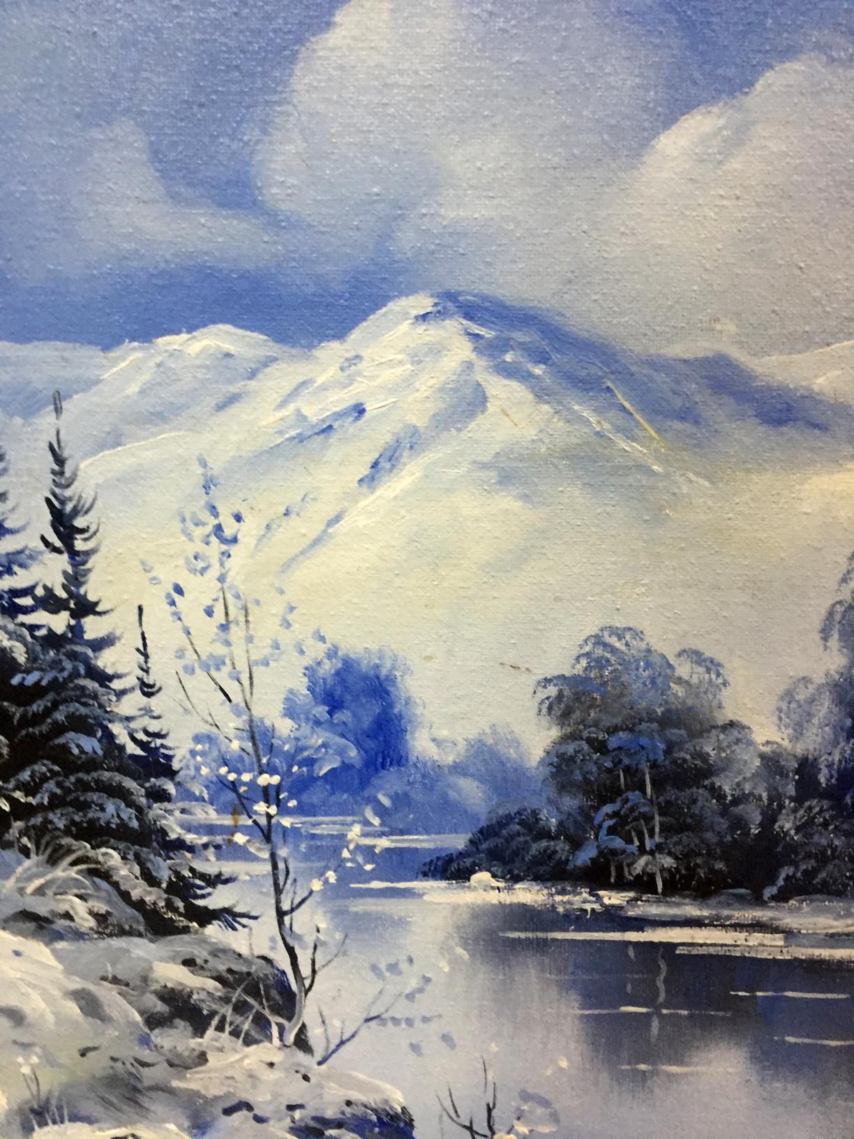 Original oil painting of snow-covered mountain range under cloudy sky