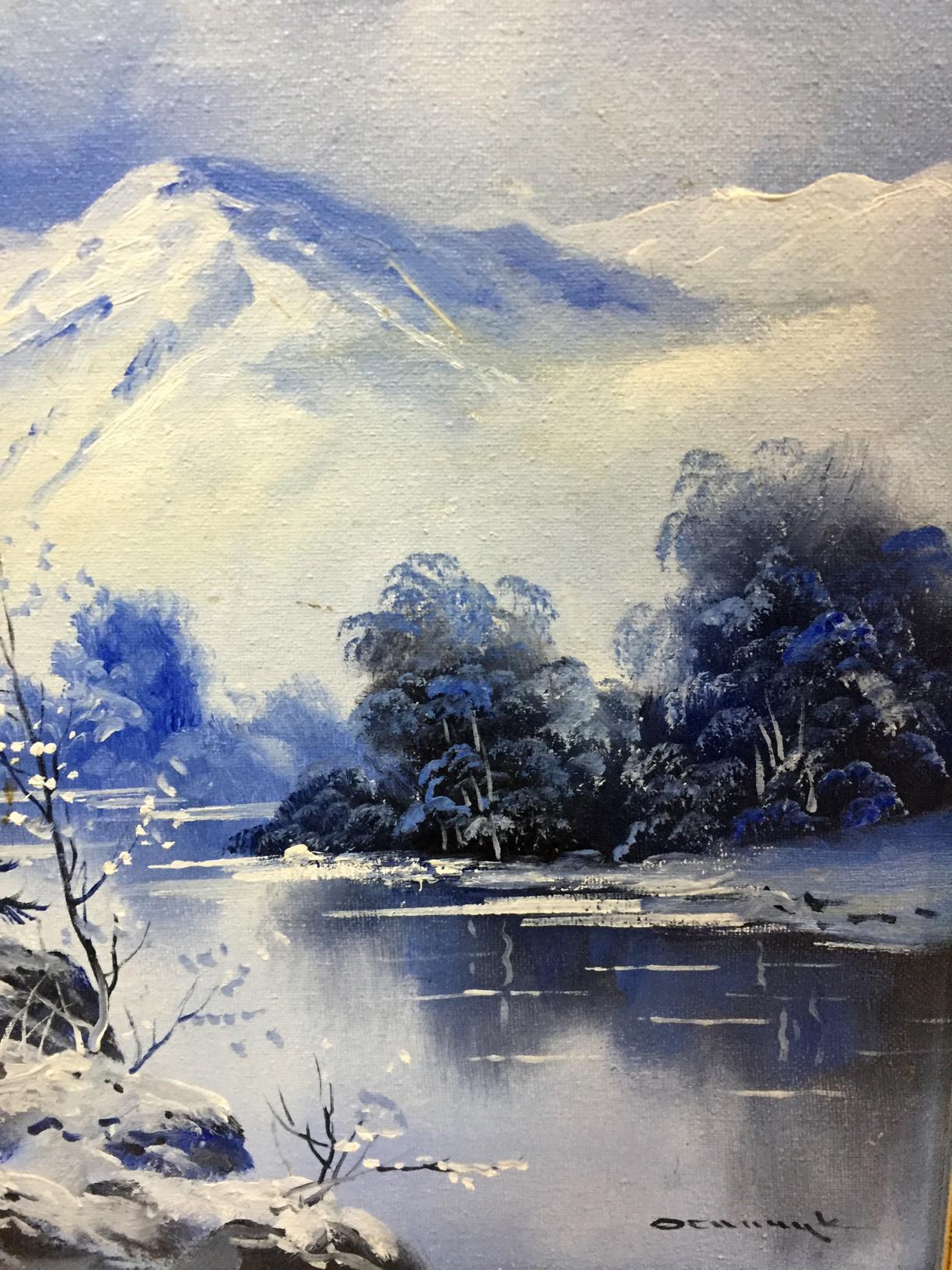 Original impressionistic oil painting of snow-covered winter mountain range
