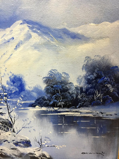 Original impressionistic oil painting of snow-covered winter mountain range