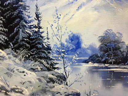 Original oil painting of serene winter landscape with snow-covered trees, lake, mountains