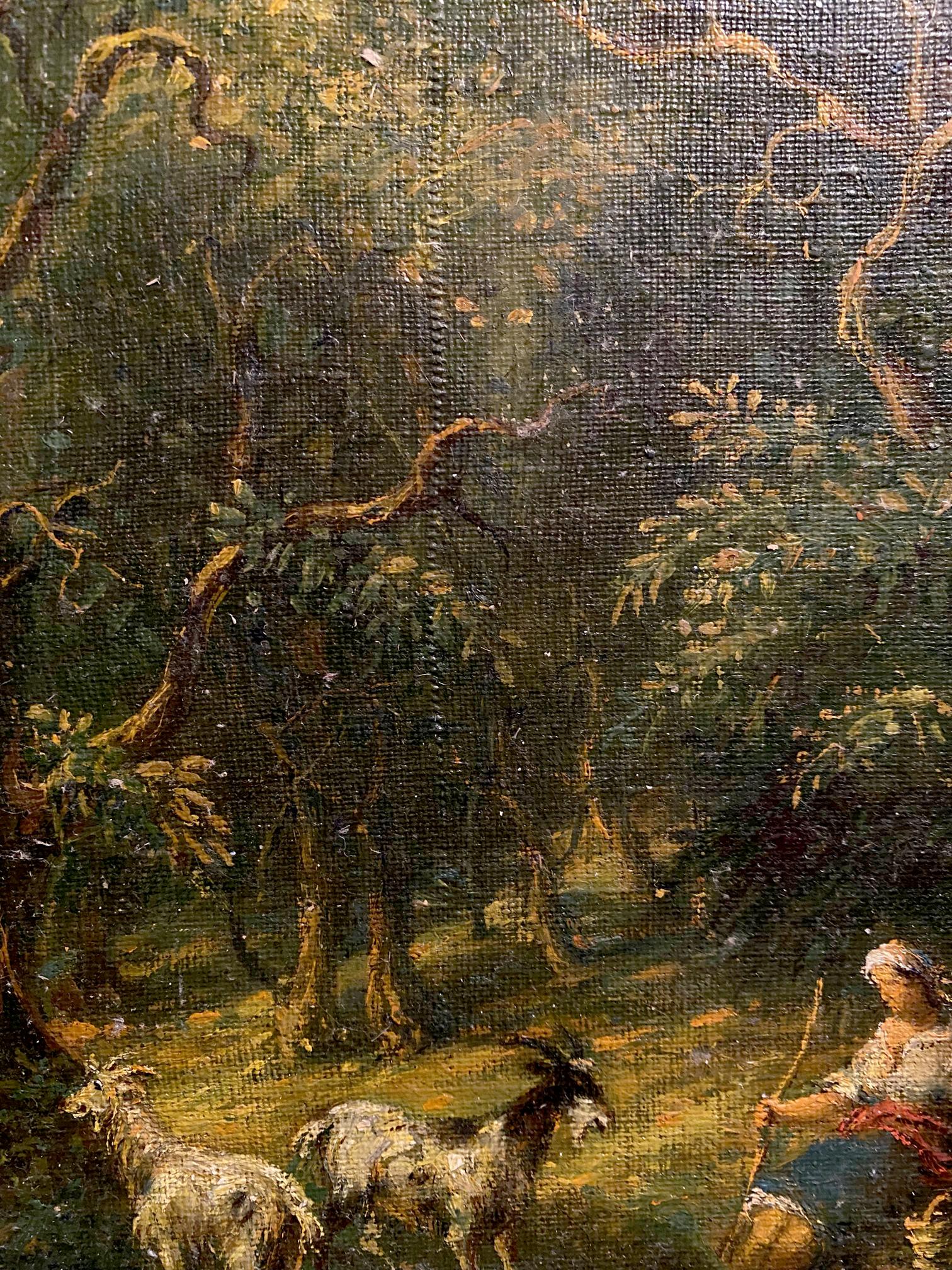 Rustic oil painting by Oleg Litvinov: woman and goats in sun-dappled forest